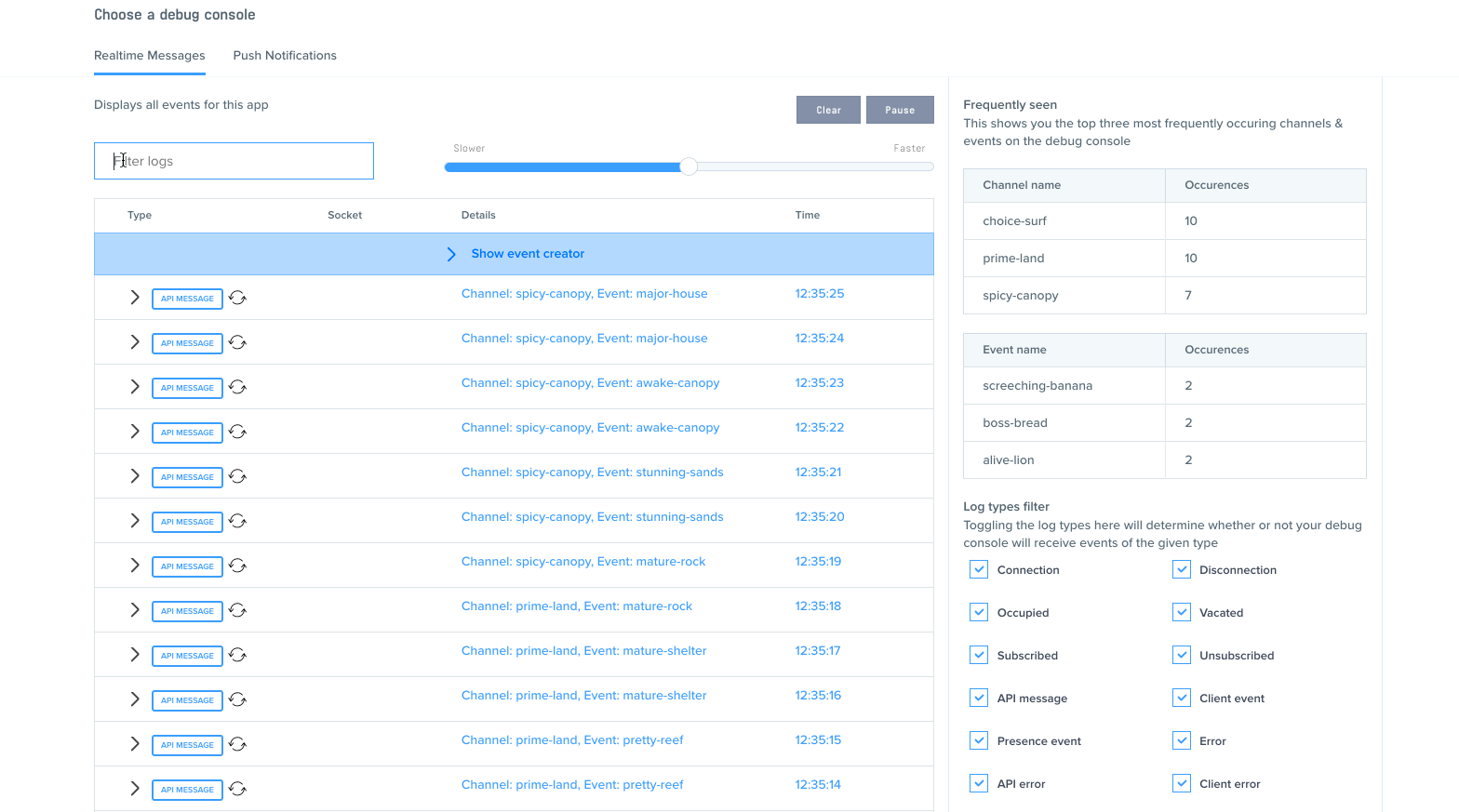 A gif animation how filters applying in the debug console within the Pusher dashboard